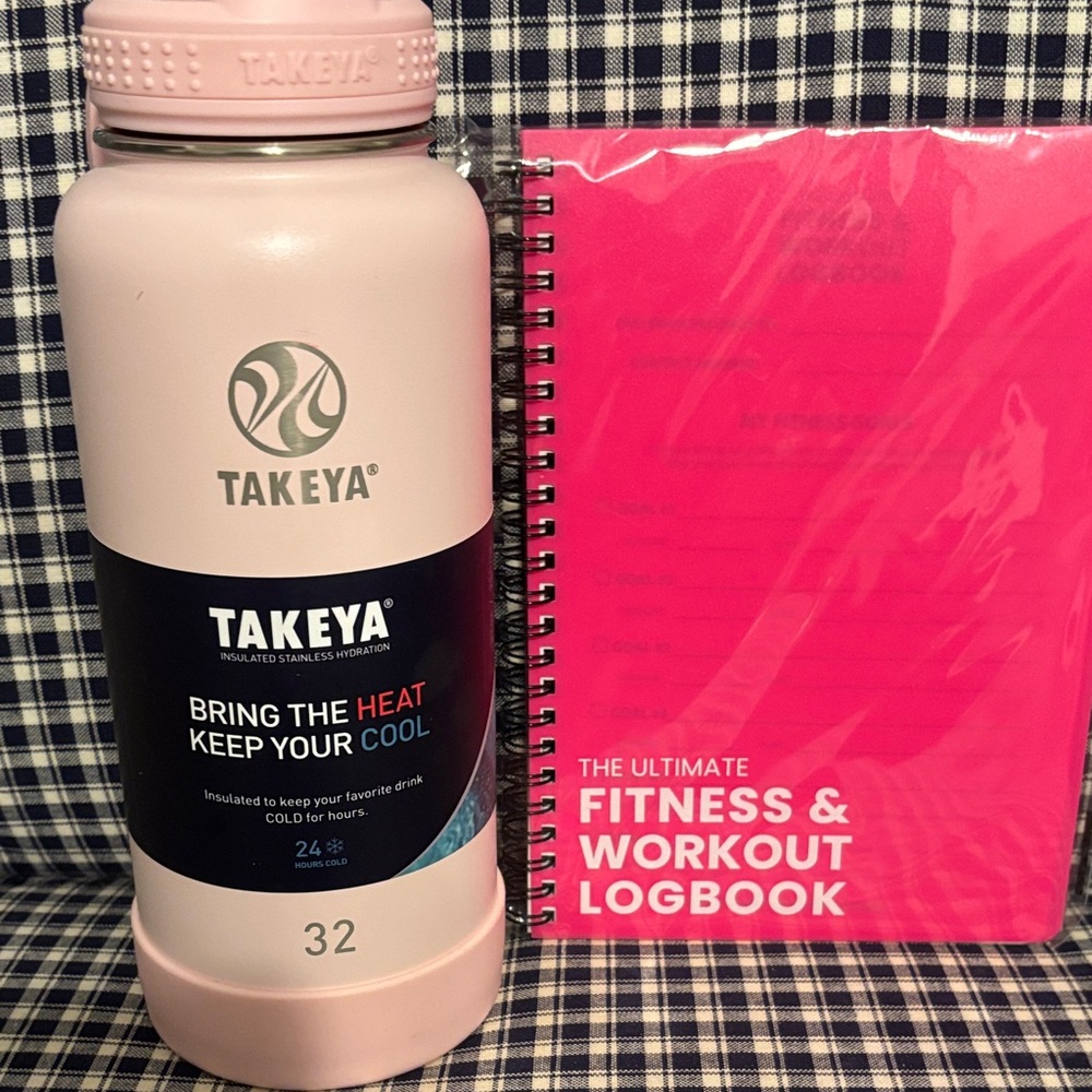 Takeya Pink Insulated Water Bottle and fitness/workout book